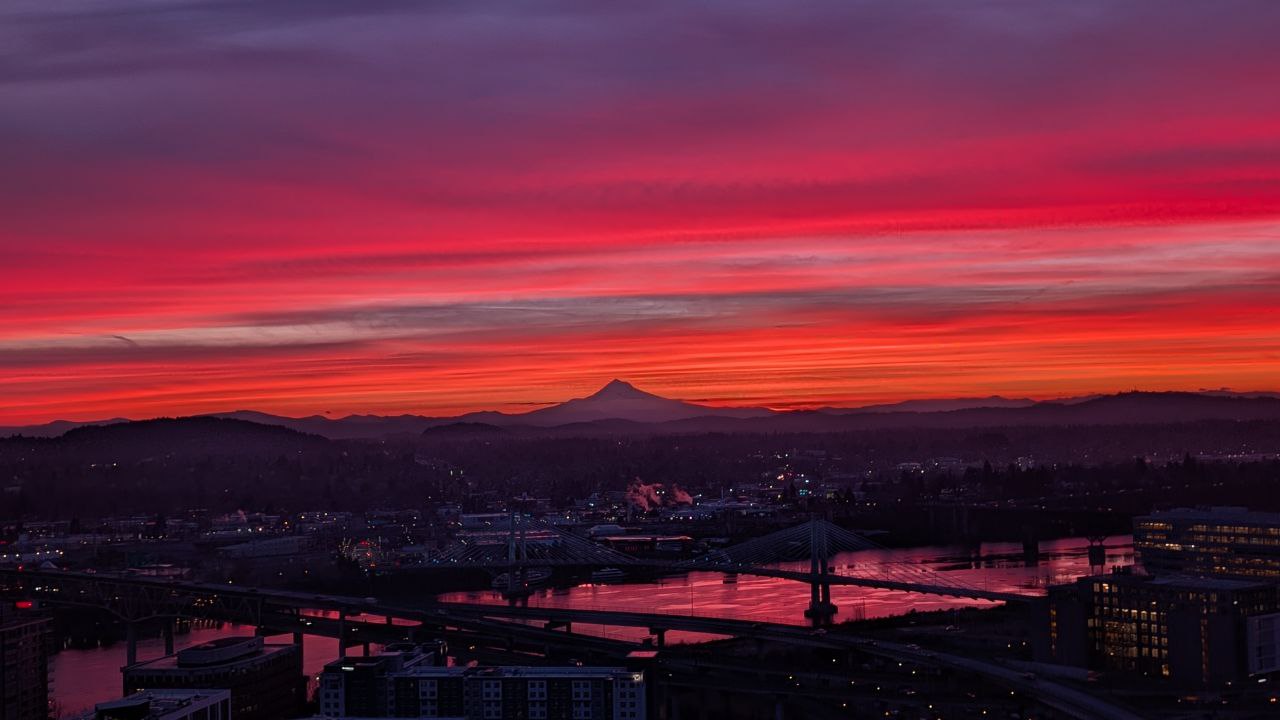 Pink and purple sunrise over Portland